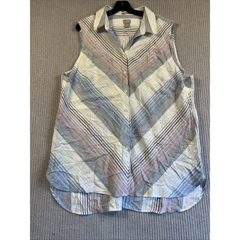 Chicos 100% Linen Top 3.5 Womens 18 Sleeveless White Blue Pink Button Up Chevron